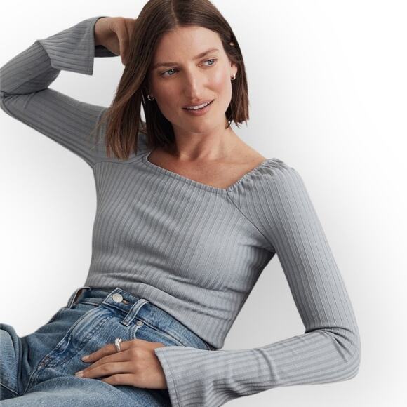 Madewell Light Gray Ribbed Long Sleeve Top - Picture 9 of 10